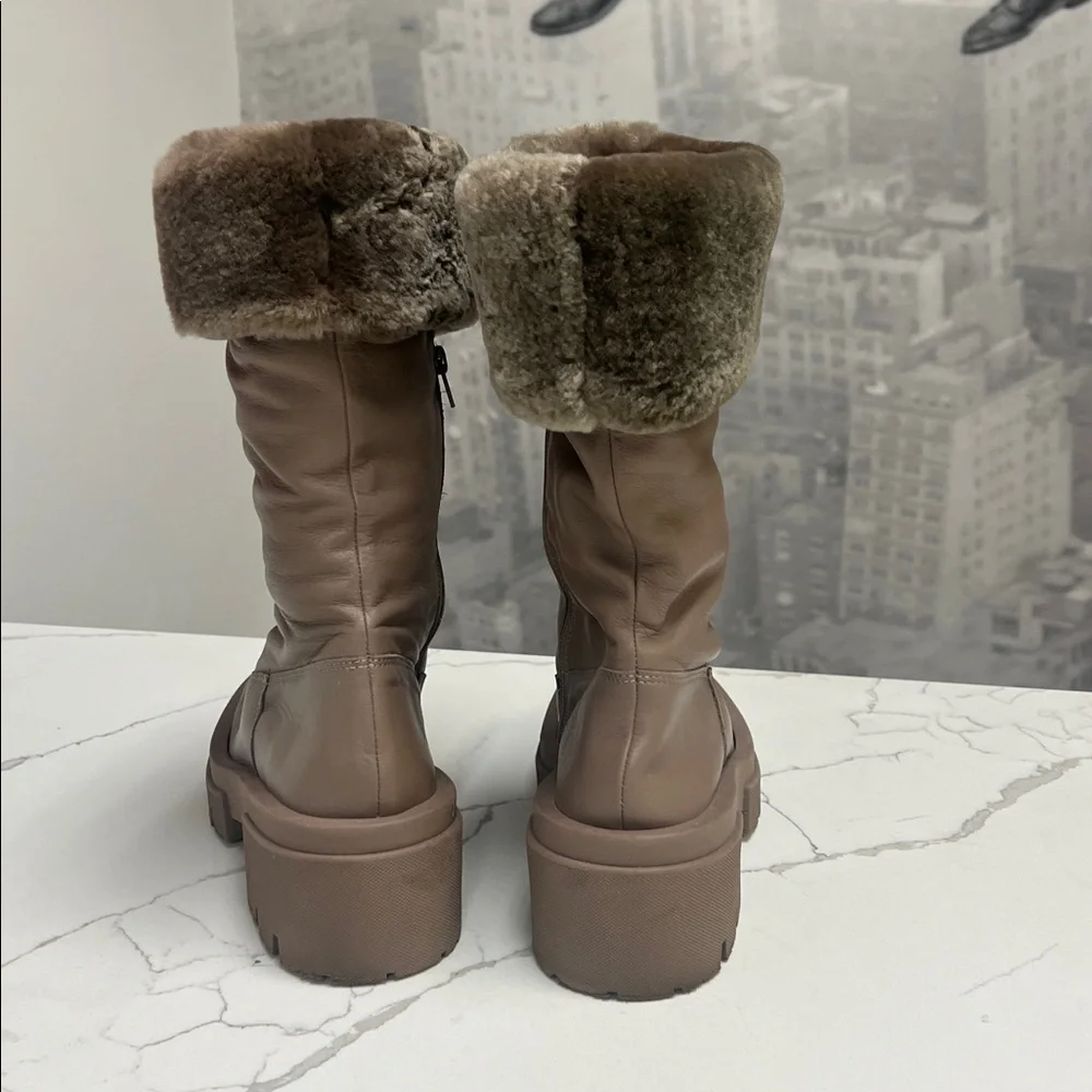 Free People Charlee Chunky Mid Boots Fur Cuff Lug Sole Taupe Minky Brown US 10